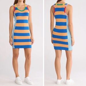 NWOT MOTHER The Chin Ups Mini Dress In Navy Blue Stripe Size XS